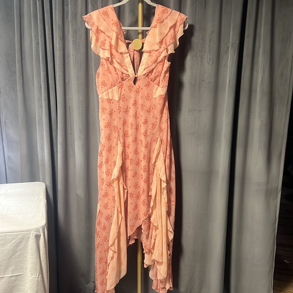 Free People Joaquin Floral Asymmetrical Hem Midi Dress in Peach Combo - Picture 8 of 14